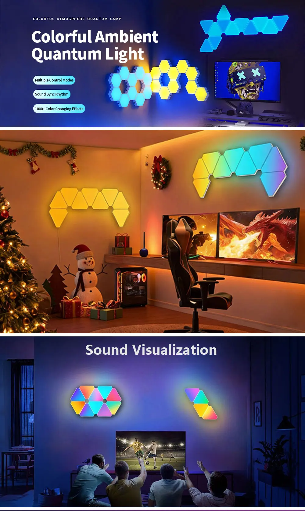 Smart RGB Hexagon LED Wall Panels – Color Changing Ambient Night Light, DIY Modular Design, App & Music Sync for Bedroom and Game Room