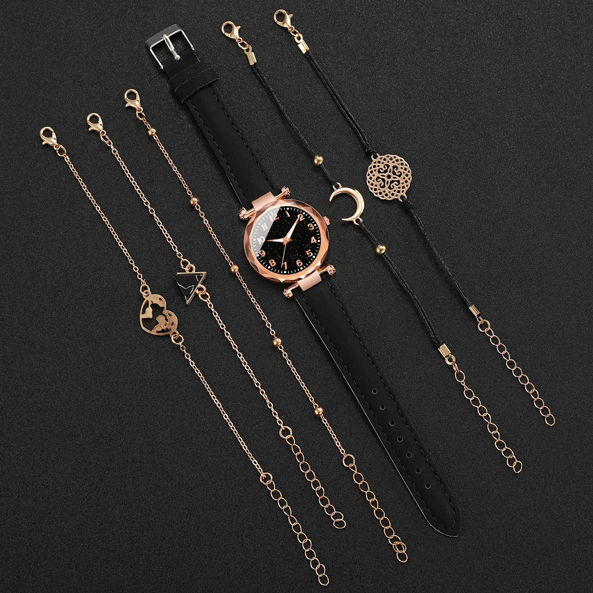 6PCS/Set Women's Watches Fashion Starry Sky Arabic Dial Female Leather Band Quartz Watch Bracelets Set（Without Box） 4