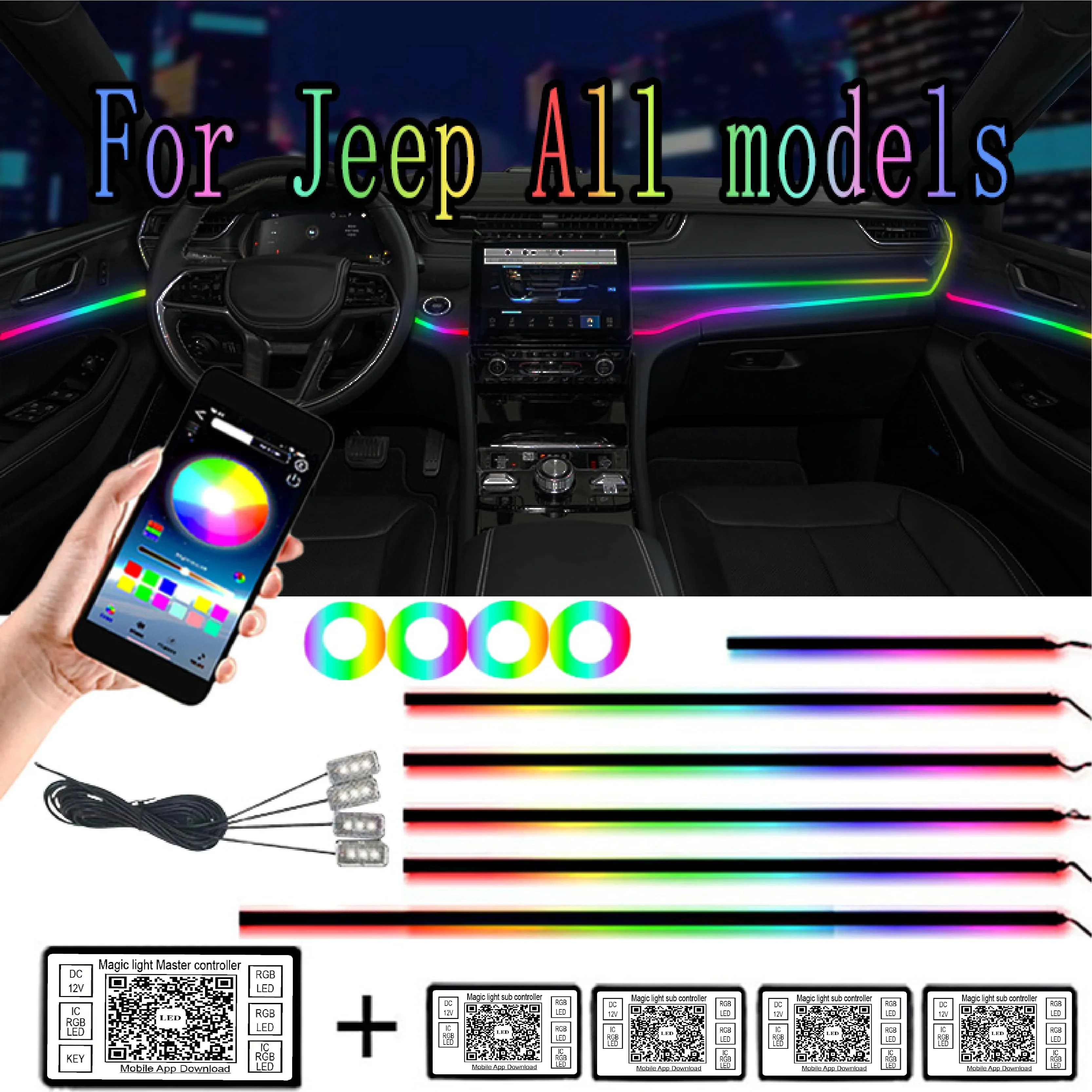 

18 in 1 64 Color RGB Symphony Car Atmosphere Interior LED Acrylic Guide Fiber Optic Universal Decoration Ambient Light For Jeep