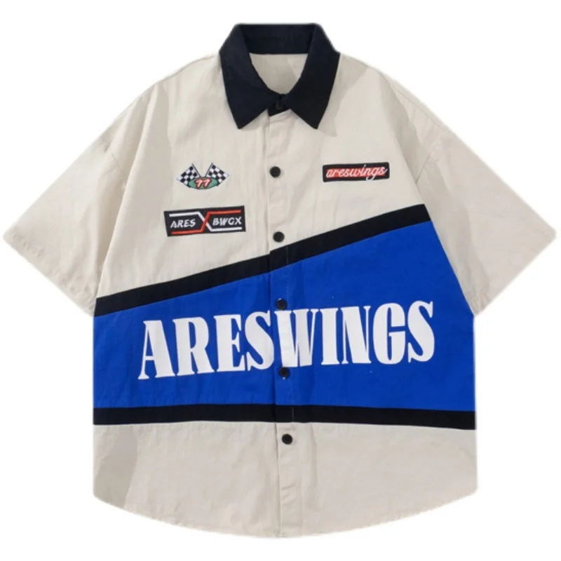 Cotton Shirt American retro embroidery heavy locomotive short sleeved shirt men's summer fashion