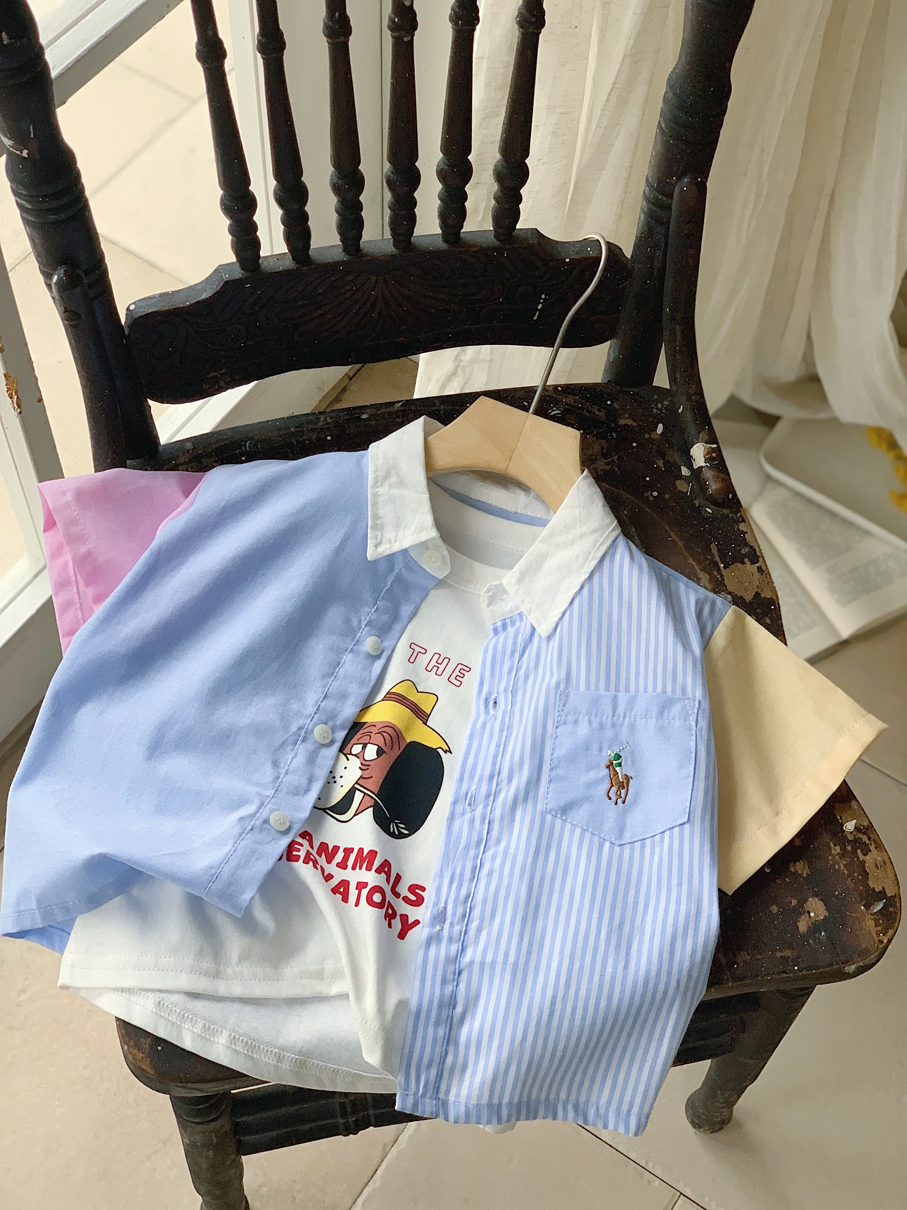 Children's short sleeved shirt with added sugar summer new product, boys' color blocked shirt, Korean version, children's c