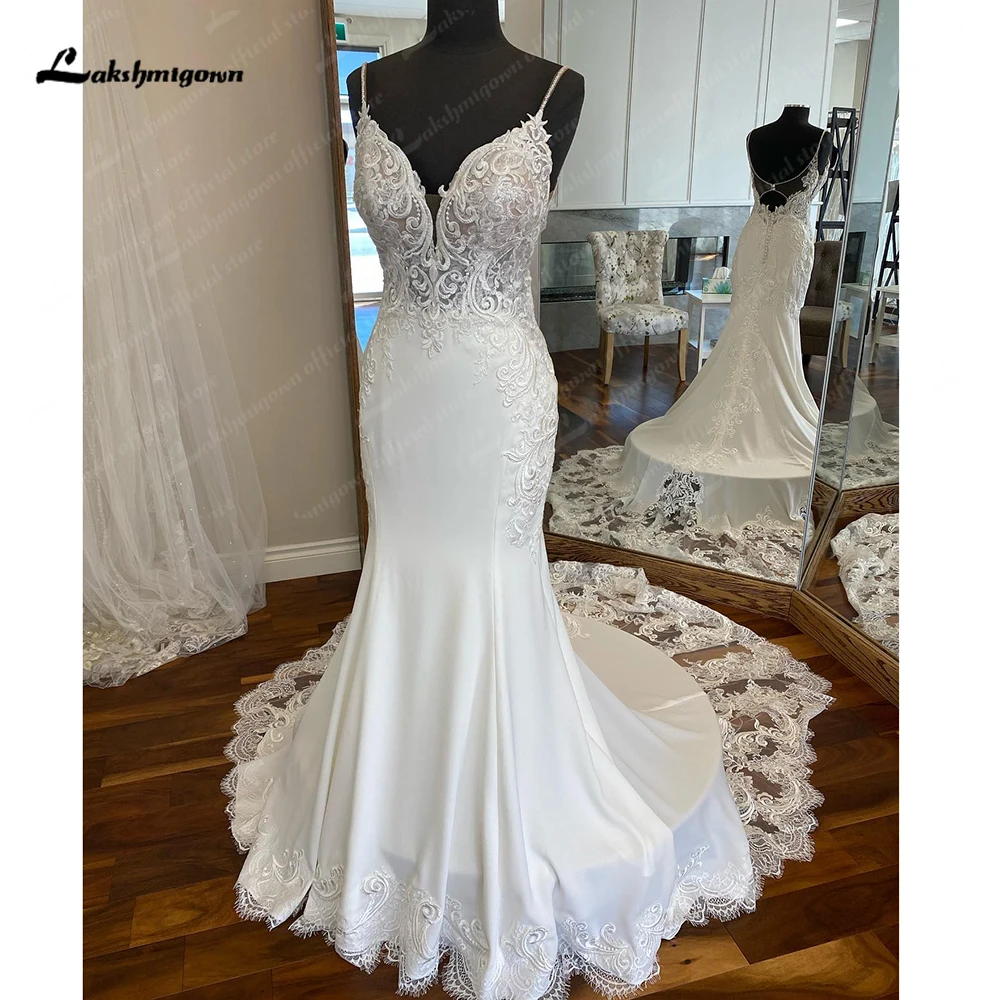 

Sexy Mermaid Wedding Dress White For Women V Neck Lace Appliques Satin Robe De Mariee Floor Length Bridal Gowns Custom Made