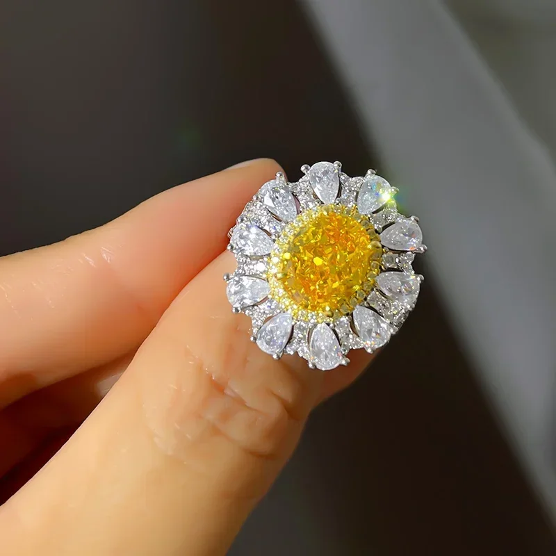 

Retro Ring Women's 925 Sterling Silver Palace Style Inlaid with Yellow Diamond Fashion Wedding Gift Jewelry
