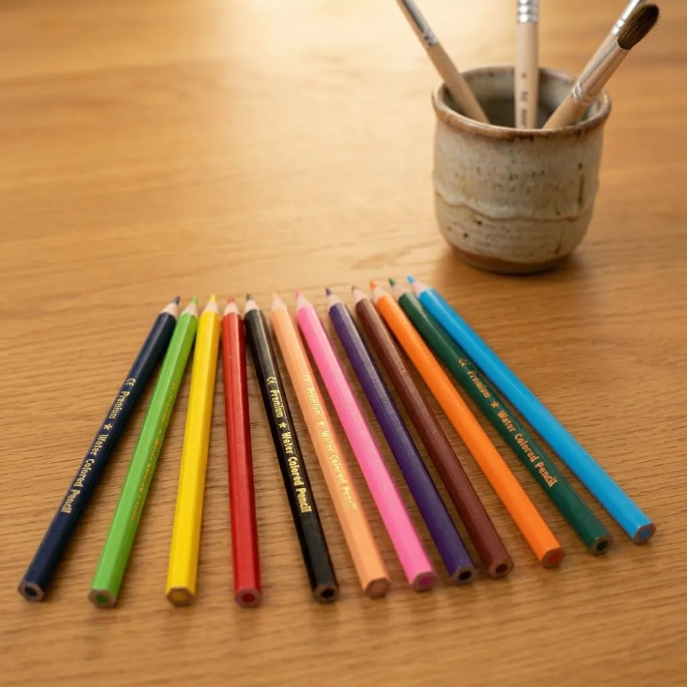 12PCS 수용성 연필 육각형 막대 천연 나무 색연필 6.9in 풍부한 색소 스케치 컬러 연필