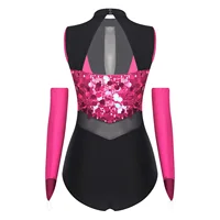 Women Sequin Dance Leotard Gymnastics Figure Skating Ballet Dance Performance Outfit Sheer Mesh Bodysuit with Gloves Dancewear - Image 4