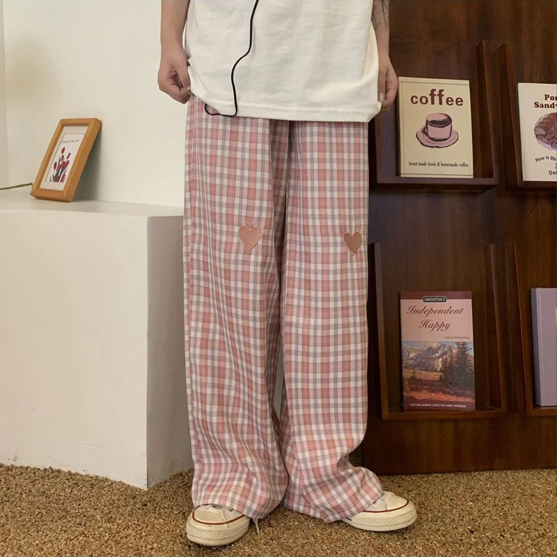 

MEXZT Heart Plaid Wide Leg Pants Harajuku Love Embroidery Trousers Vintage Streetwear High Waist Straight Casual Loose Pants