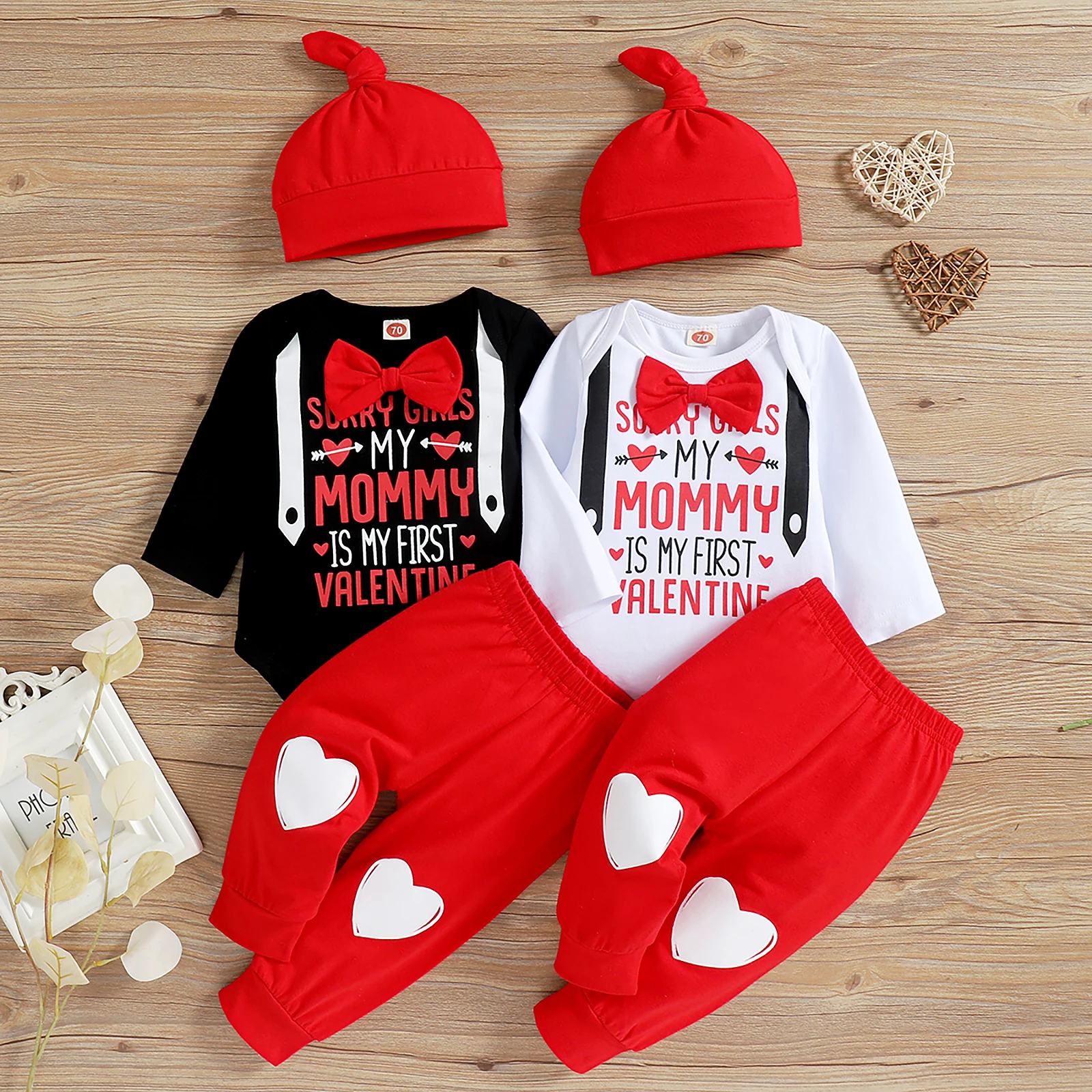 

Infant Toddler Baby Boy 1st Valentine's Day Outfits Long Sleeve Romper Bodysuit Pants Hat Clothes Set