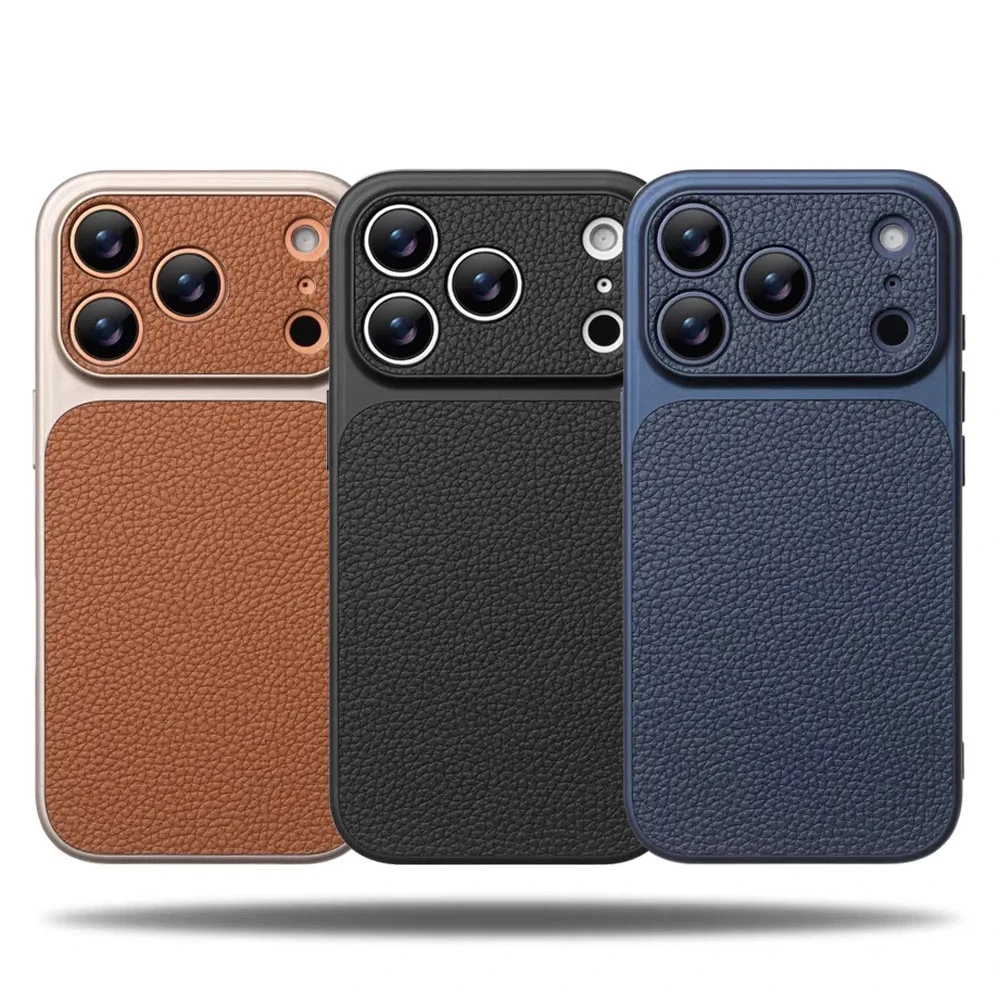 Luxury Lychee Leather Matte Phone Case with Shockproof Bumper Protection