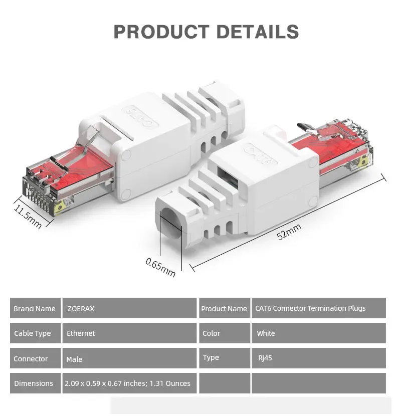 Wire Connector 1PCS ZoeRax Tool Free RJ45 CAT6 Ethernet Termination Plugs 23AWG to 26AWG Cable Internet Plug Installation Toolless
