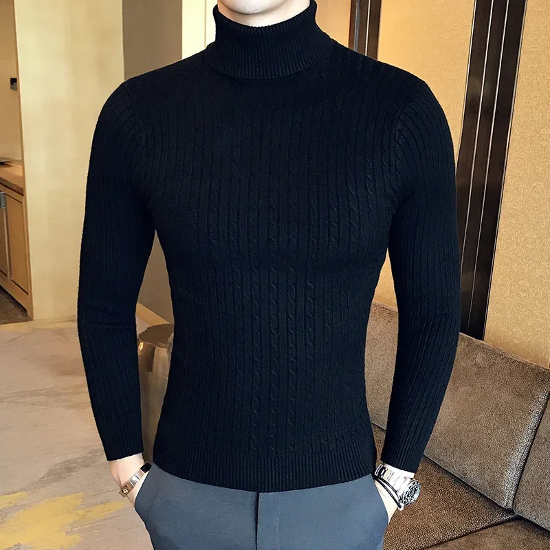 2023 Korean Slim Solid Color Turtleneck Sweater Mens Winter Long Sleeve Warm Knit Sweater Classic Solid Casual Bottoming Shirt 3