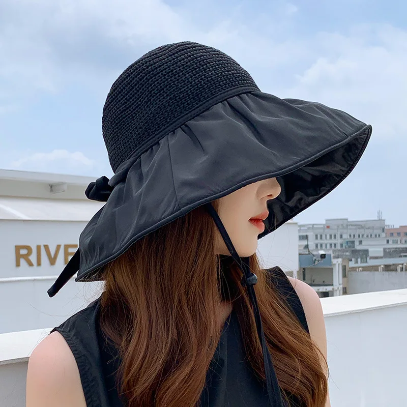 Sun Hats Summer anti-UV vinyl beach hat large brim bow fisherman hat commuter sun protection