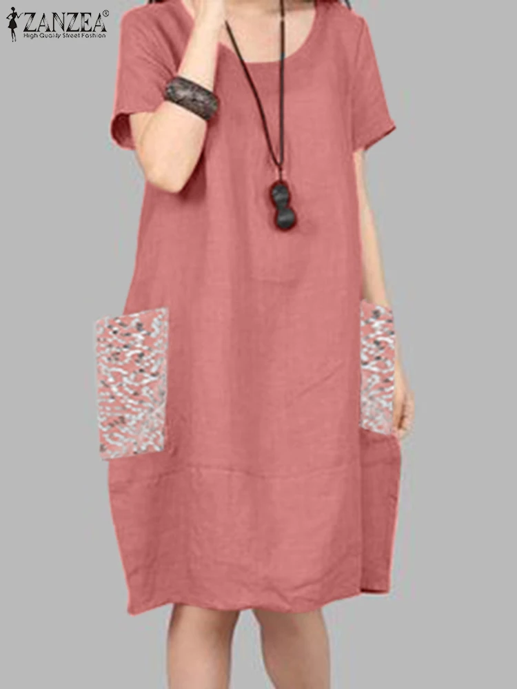 

ZANZEA Fashion Women Holiday Party Sundress Oversize Summer O Neck Short Sleeve Loose Casual Dress Robe Femme Pockets Vestido