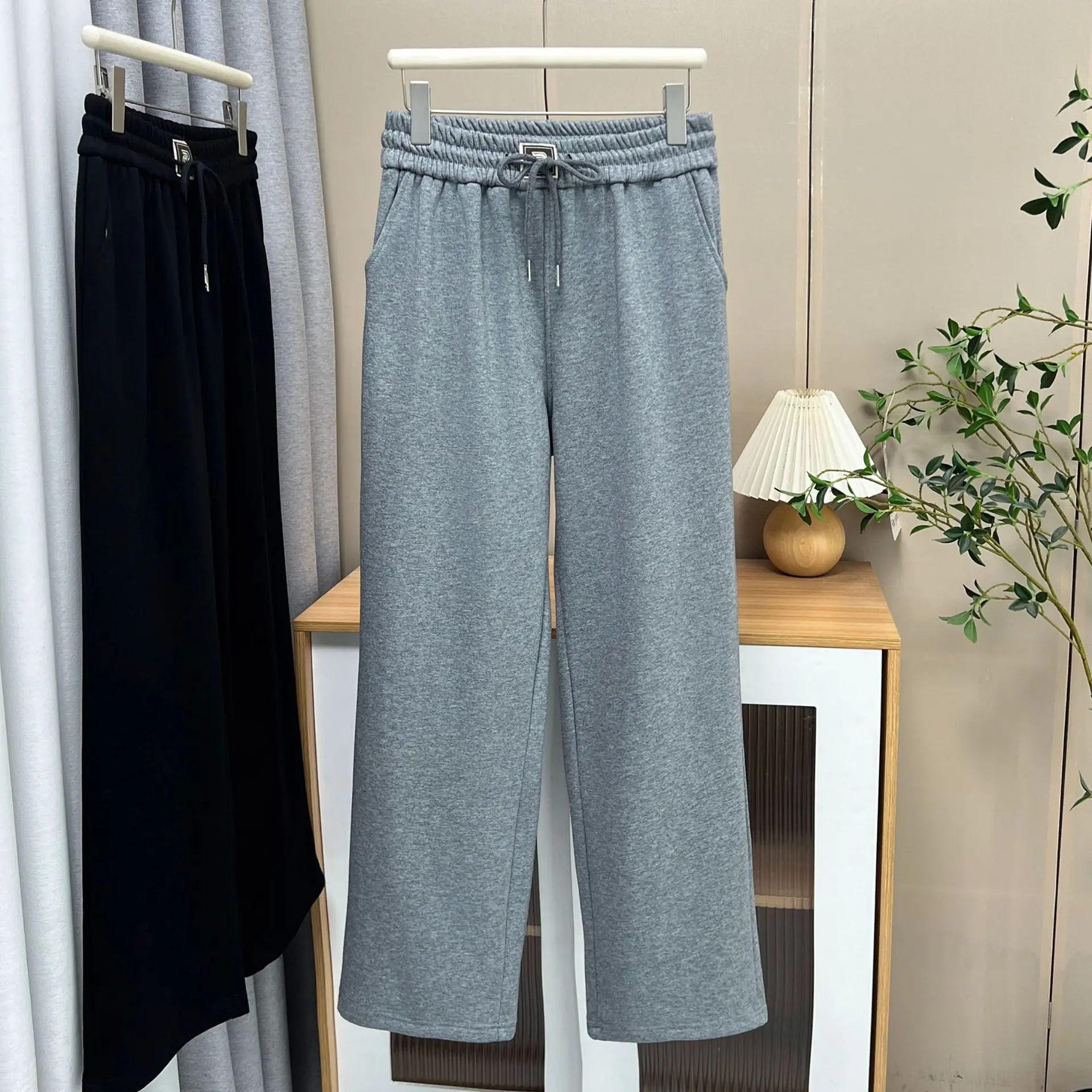 XXXXL Fashion Plus Size Women's Straight Leg Pants New Clothing Autumn Winter 2025 Simple Drawstring Waist Fleece Warm Trousers