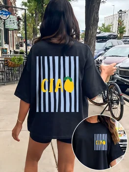 Ciao Lemon Graphic T-Shirt Striped Aesthetic Fruit Print Tee Summer Harajuku Streetwear Fashion Tops For Women Men Unisex 1