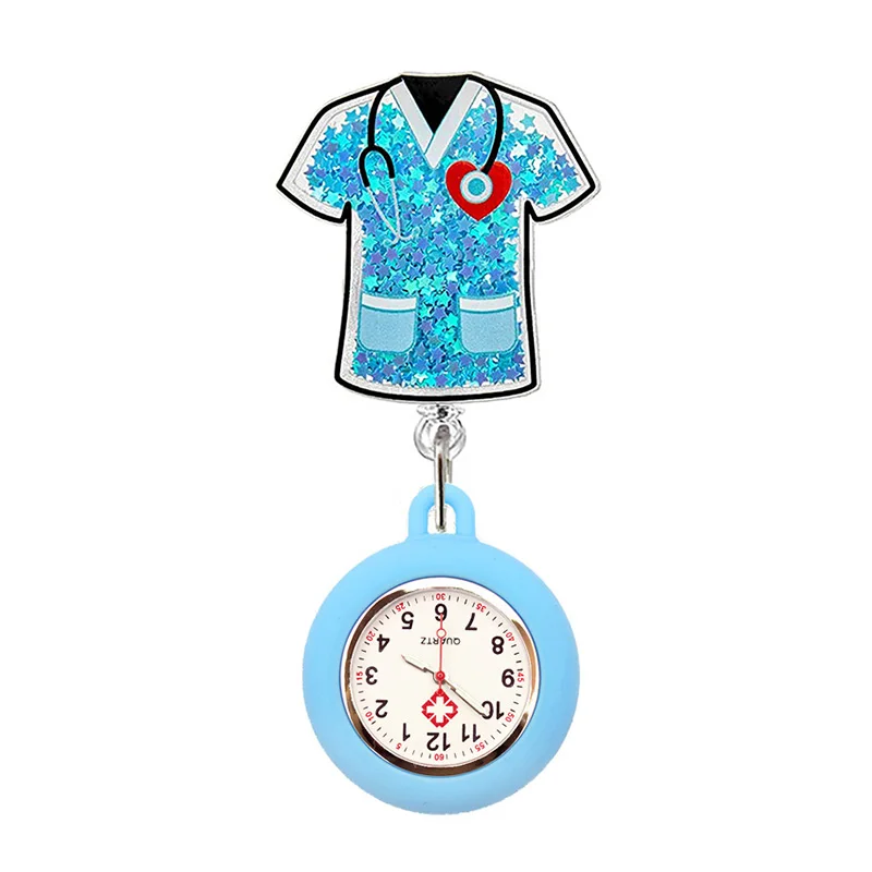 Quicksand Stars Hospital Acrylic Injector & Stethoscope Retractable Nurse Doctor FOB Pocket Watches Clip Hang Medicine Clock pocket watch