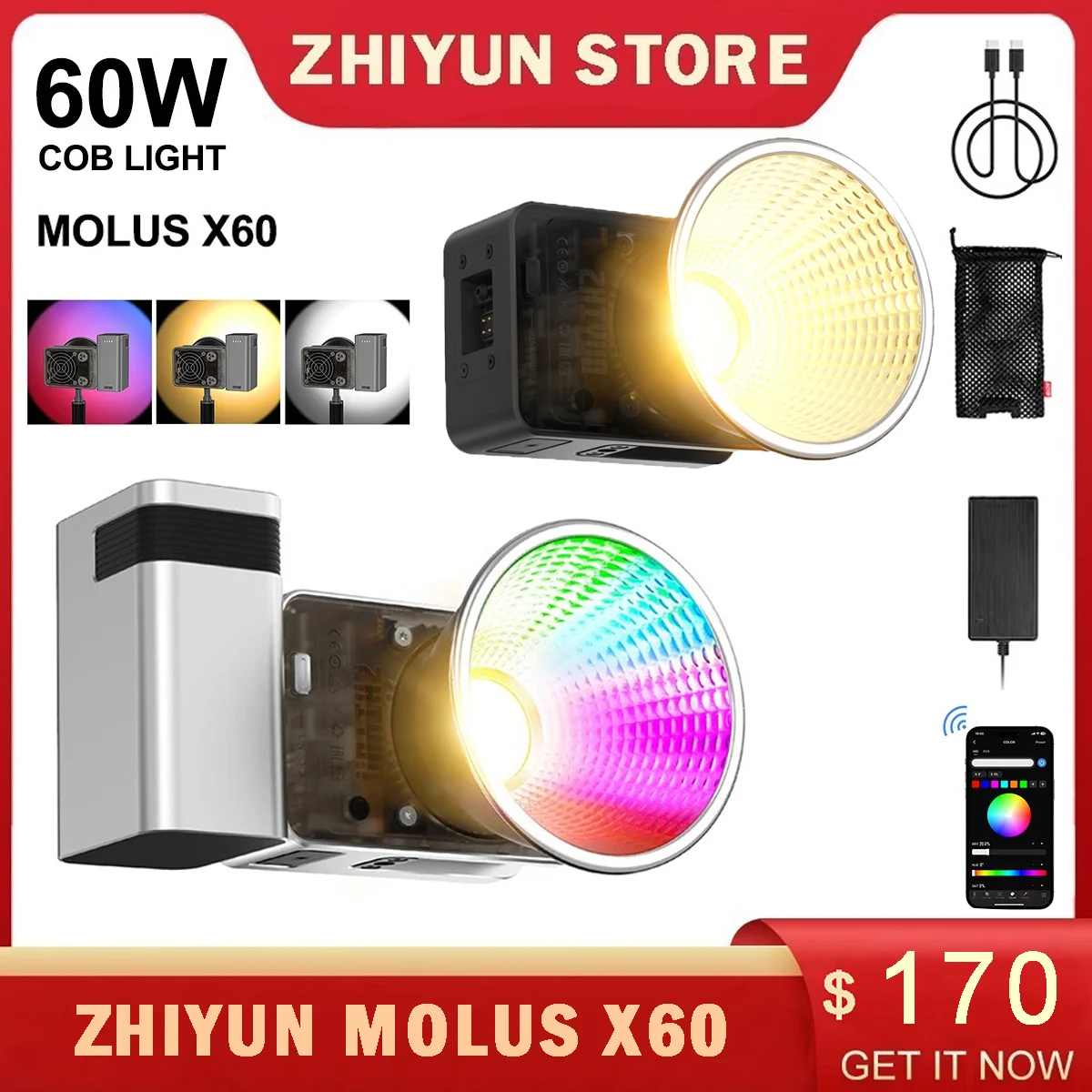 ZHIYUN MOLUS X60 RGB X60 двухцветный 60 Вт монолитный блок искусственных фотографий карманная заполняющая лампа портативное наружное освещение для фотосъемки