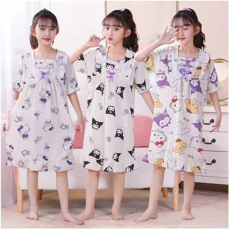 

Sanrios Cartoon Cinnamoroll Kuromi HelloKittys My Melody Girls Summer Short Sleeve Pajama Skirt Home Clothing Dress Nightgown