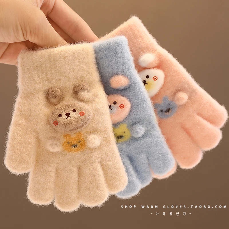 Boys Girls Winter Knitting Bowknot Bear Plush Soft Five Finger Gloves Children Outdoor Warm Gloves Kids Colors