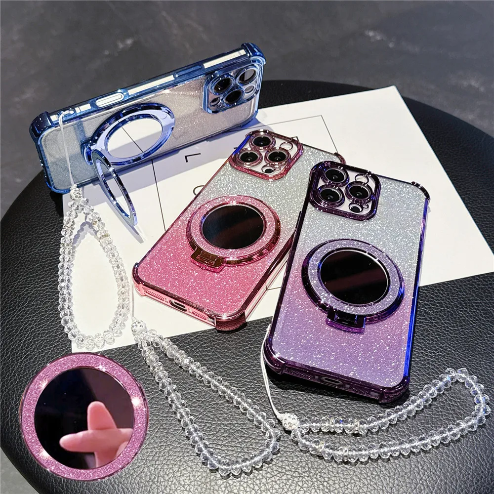 Elegant Crystal Bracelet Shockproof Mirror Case with Magnetic Holder