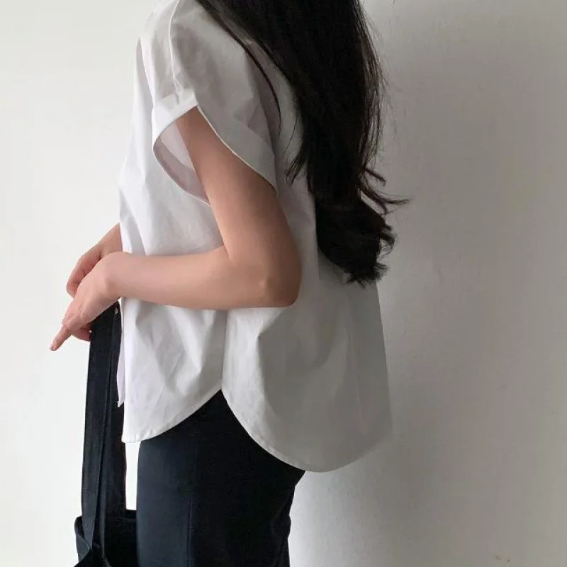 여성용 캐주얼 V넥 솔리드 셔츠 블라우스, 오피스 레이디 용수철, 우아한 반팔 슬림 셔츠, 화이트 탑, 여름 패션, 2024