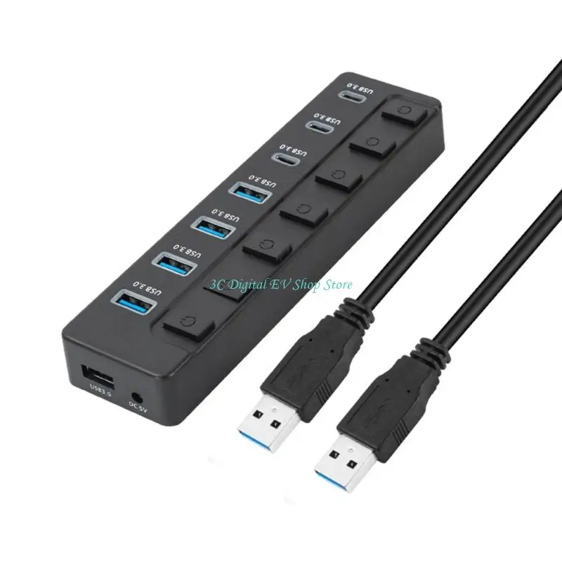 E74D 7 포트 USB 확장 어댑터 5Gbps 고속 데이터 전송 4 USB A 3 USB C 포트 스위치 PC 노트북 용 제어