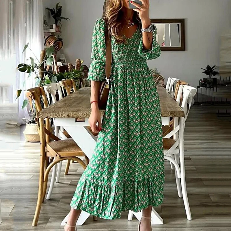 

Vintage Floral Printed Women Long Dress Ruched Slim Waist big hem Boho Dress