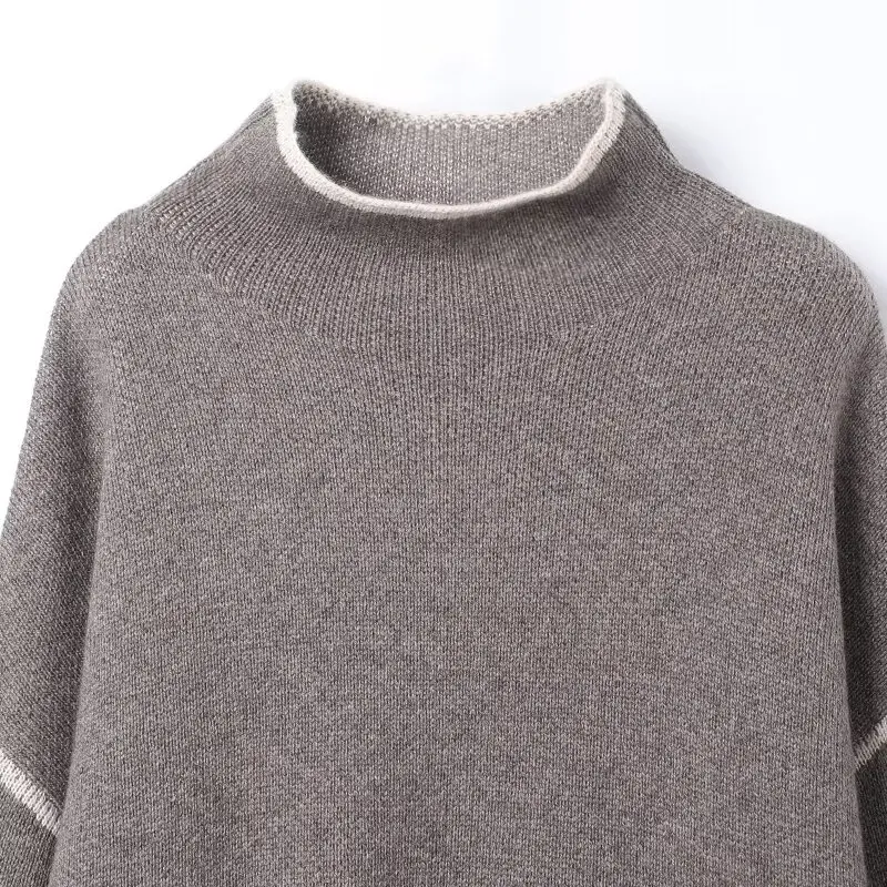 Women's Contrasting Design Knitted Half Skirt Set Or Female Half High Neck Long Sleeved Sweater Pullover Or Casual Knitted Skirt