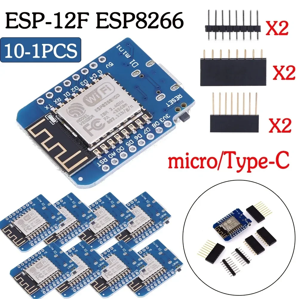 ESP-8266 기반 개발 보드 보드, Arduino용 핀 포함, D1Mini ESP8266 ESP WIFI, D1 Mini NodeMCU Lua IOT 보드, 2.4V, 10-1PCs