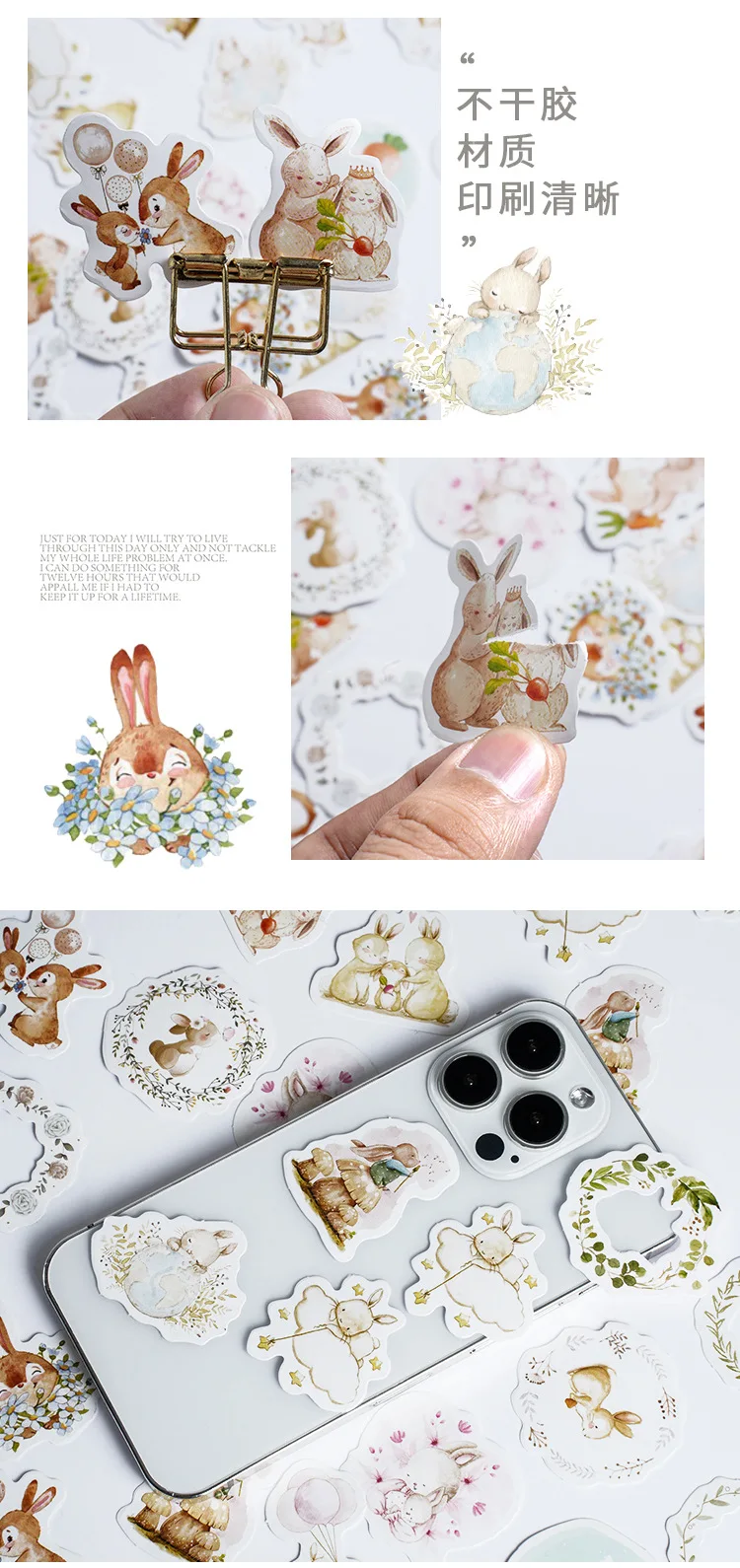 46Pcs Kawaii Rabbit Sketchbook Stickers Set Aesthetic Diary Decorations for Children Scrapbooking School Stationery Supplies Box