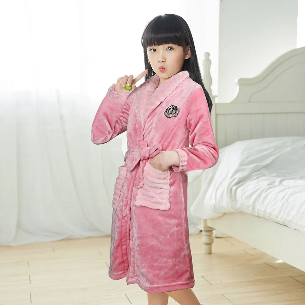 LPATTERN Girls Robe Towel Sleepwear Toddler Kids Towelling Bathrobe Dressing Flannel Long Sleeve Night-robe with Belt Pockets