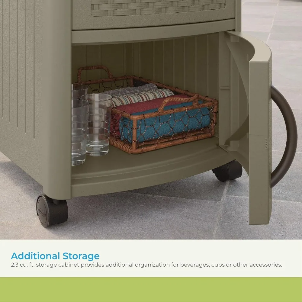 Resin 77 Quart Wicker-Look Outdoor Patio Cooler with Wheels, Hinged Lid, Built-In Storage Basket and Cabinet for Outdoor 4