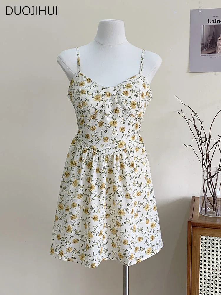 

DUOJIHUI Summer Chic Floral Printed Sweet Simple Women Dresses Korean Irregular Sexy Slim Waist Fashion Camisole Female Dresses