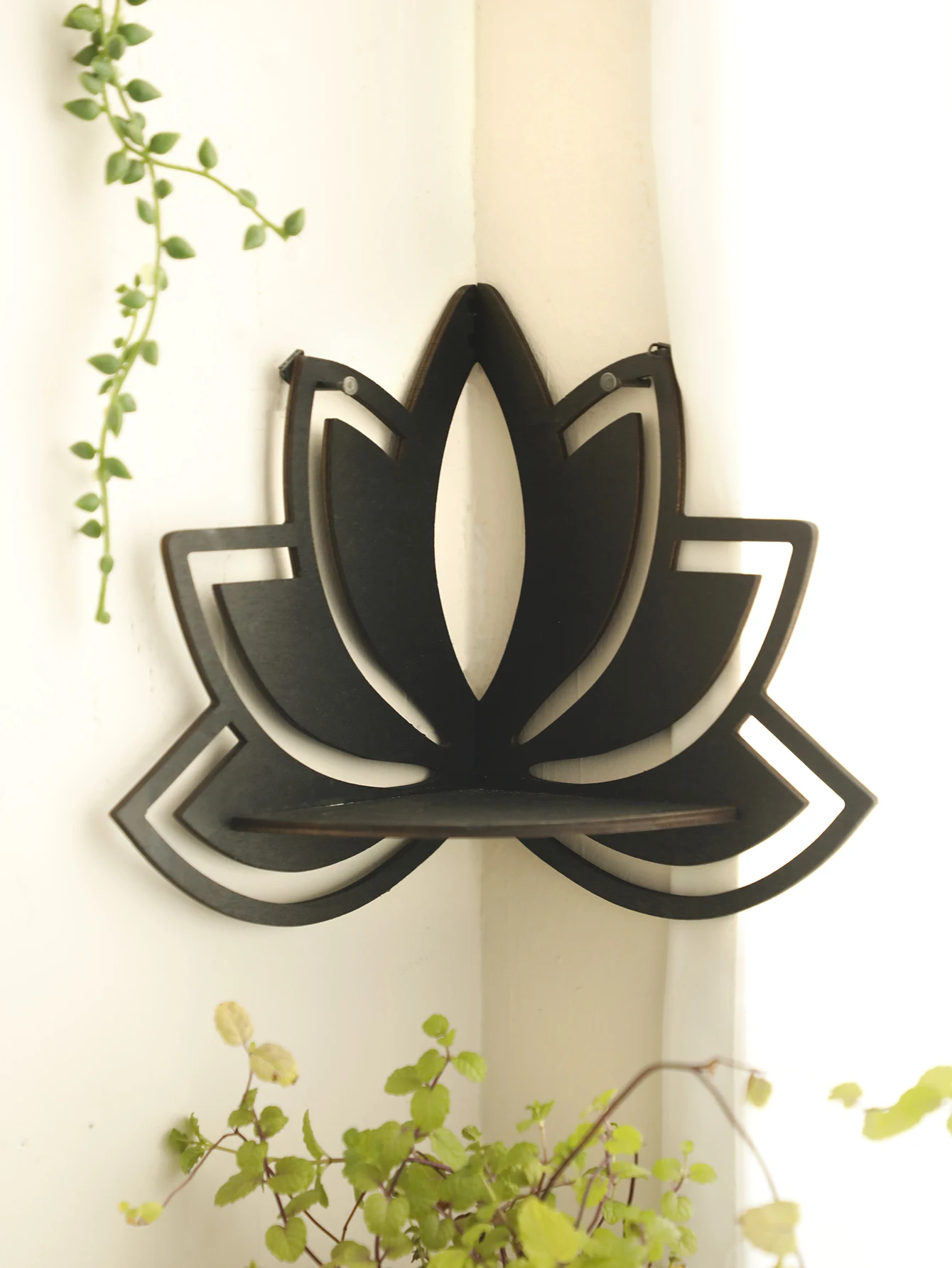 Lotus Eck regal Holz schwimmendes Regal Boho Home Dekoration Wandre gale Display Stand Raum dekore ästhetischen Kristall halter – Detail 1