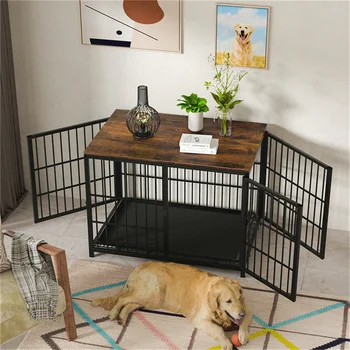 Large Wooden Dog Crate Indoor Furniture Style Elevated Pet Dog Cage Kennel End Table Lattice Playpen with 3 Doors Removable Tray 1