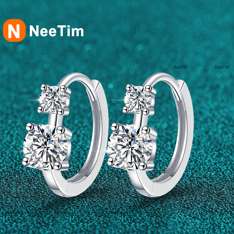 NeeTim D Color Moissanite Hoop Earrings for Women 925 Sterling Silver with White Gold Plated Wedding Huggie Earring Jewelry