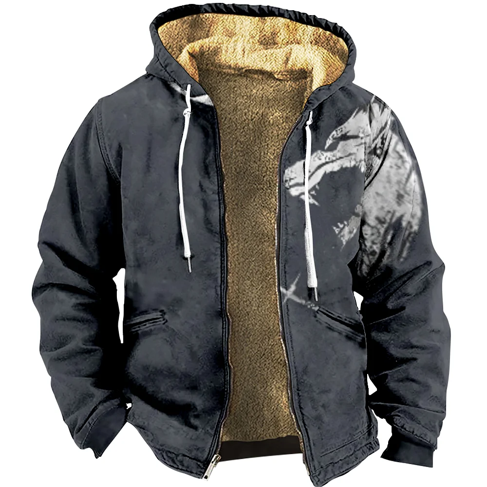 

2023 Winter Men's Zip-up Hoodies Long Sleeve Fleece Parka Coat Wolf Print Sweatshirts Daily Outerwear Jackets Street Overcoat