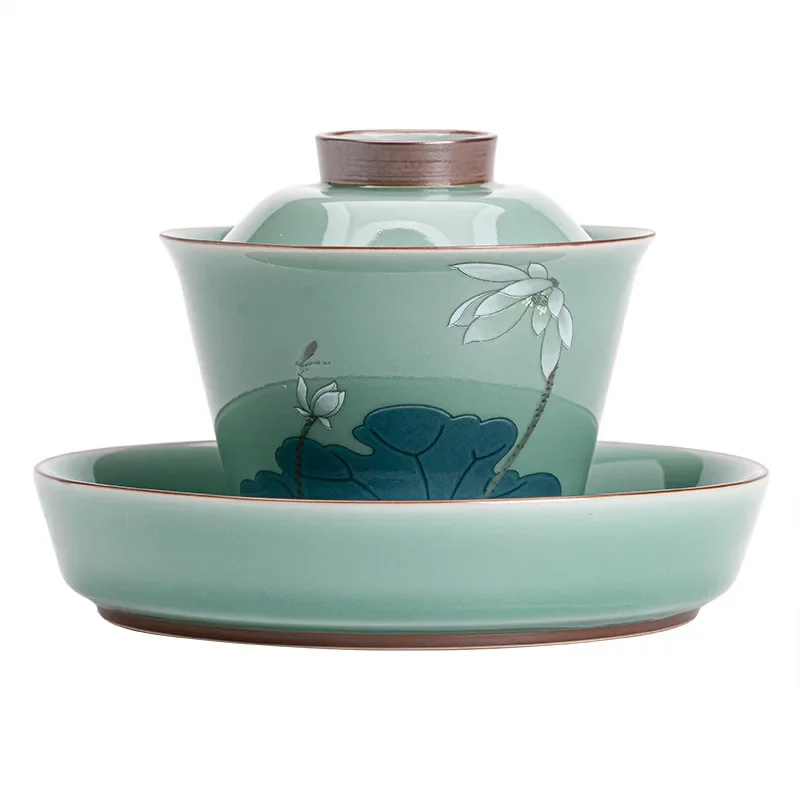 Lucky Celadon Vintage Lotus Butterfly Tureen Gaiwan Small Size Tea Brewing Bowl with Kettle Support Celadon Hand Drawn Goldfish