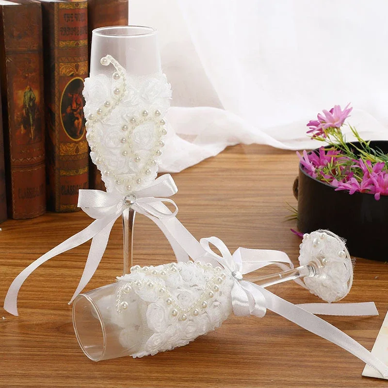 

1 Pair White Lace Pearl Wedding Wine Glass Champagne Glass Creative Western Wedding Fashion Goblet Wedding Supplies Cups