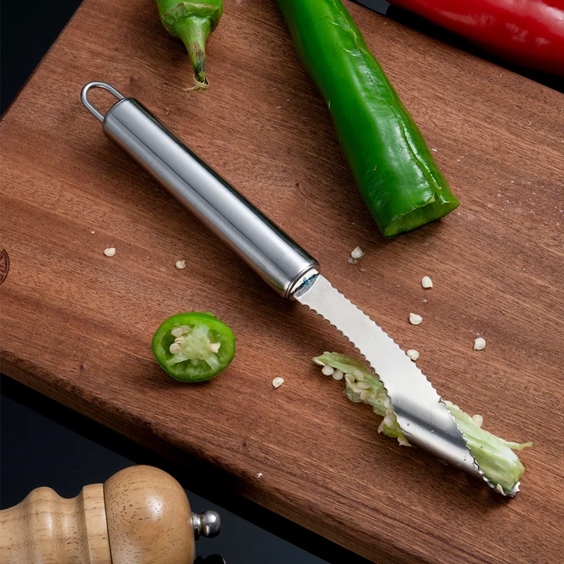 

Stainless Steel Pepper Corer Knife Creative Bitter Melon Cucumber Chili Vegetable Fruit Fast Seed Remover Cutter Kitchen Gadgets