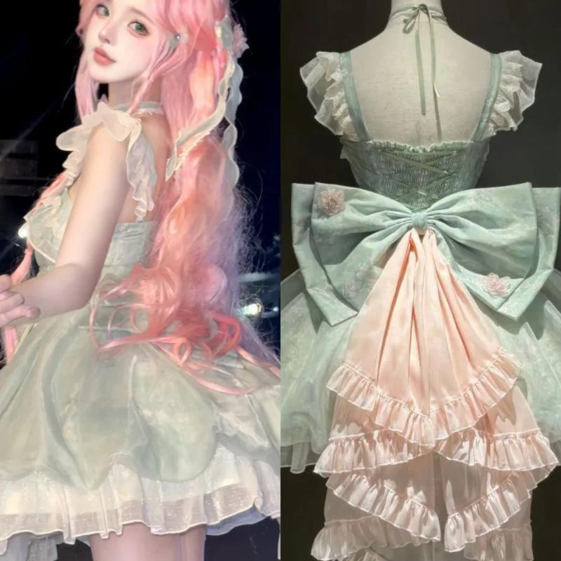 Bow Dresses Forest Garden JK Lolita Princess Dress 3D Backless Girl Sweet Flower Bud Short Skirt Light Quare Neck Fluffy Dresses