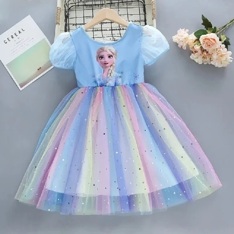 

2024 летнее платье для девочек, Модное детское платье с мультяшным принтом «Холодное сердце», принцесса Эльзы, милое праздничное платье с коротким рукавом для маленьких девочек от 3 до 7 лет