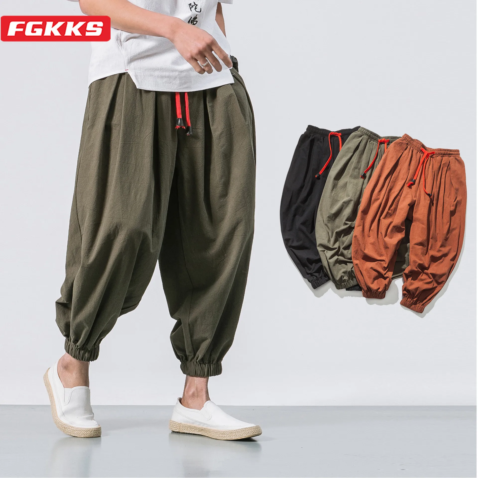 FGKKS Spring Men Loose Harem Pants Chinese Linen Overweight Sweatpants