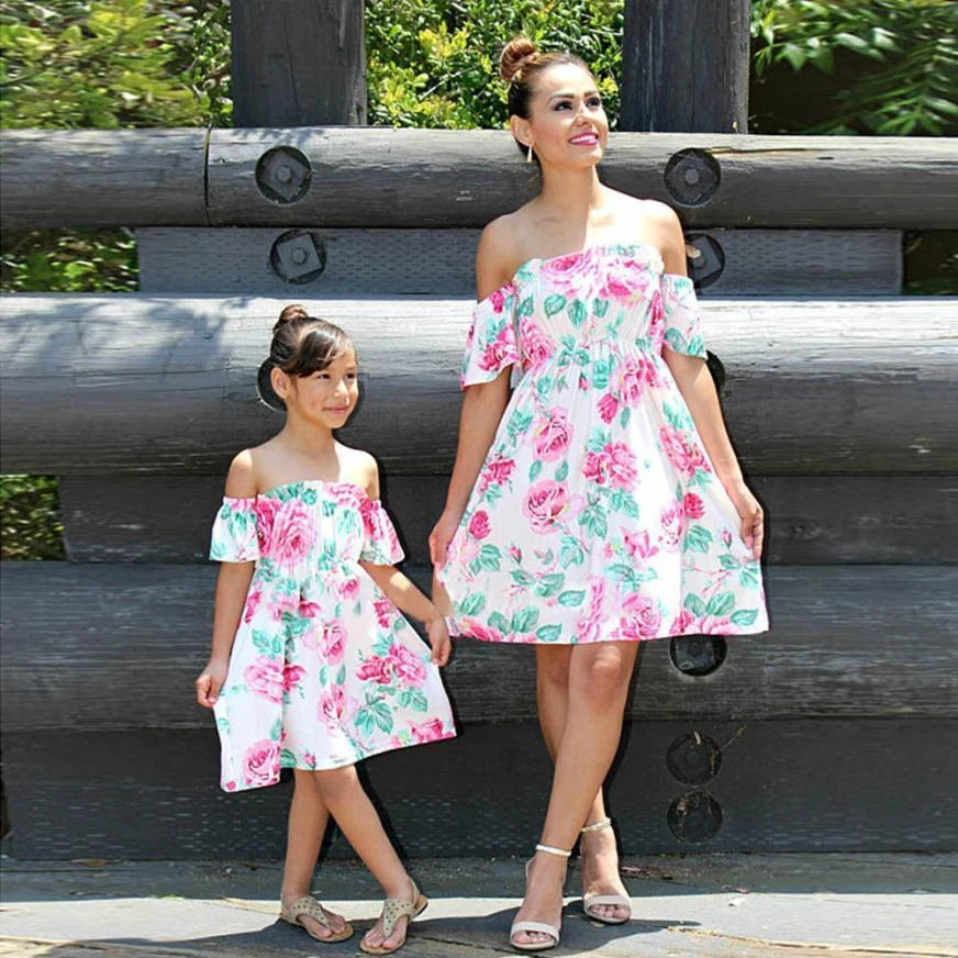 Vestido de verano para madre e hija, con volantes, estampado de flores, ropa  para madre e hija, trajes a juego para hermana y familia| | - AliExpress