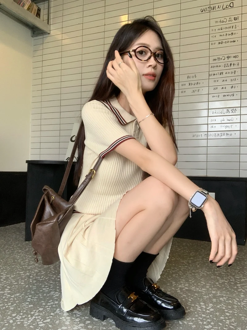 Autumn Knitted Two-piece Skirt Set Women Turn-down Collar Short Sleeve Top Pleated Mini Skirt Korean Fashion Knitting Outfits