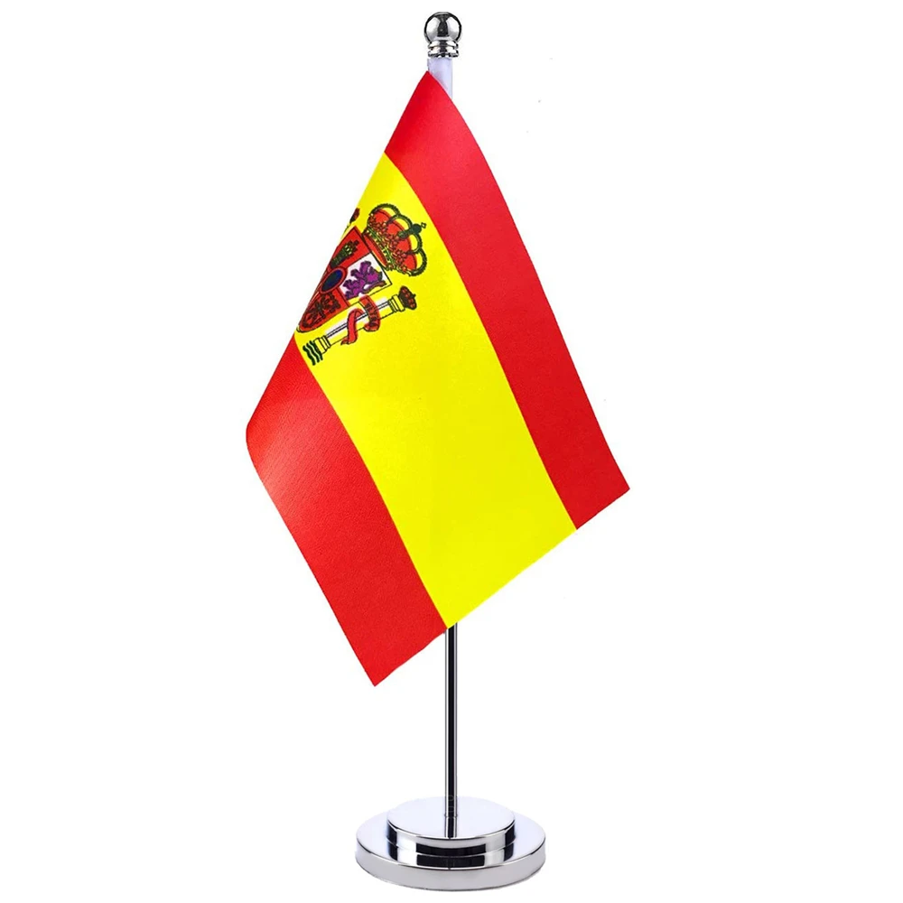 14X21Cm Mini Bandiera Della Spagna Banner Sala Riunioni Tavolo Scrivania Stand Palo In Acciaio Inossidabile La Bandiera Spagnola Design Nazionale