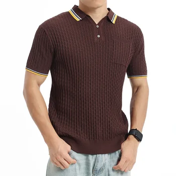 Polo da Uomo in Seta Ghiaccio Lavorata a Maglia con Risvolto, Polo di Lusso Leggero di Alta Gamma con Tasca, Abbigliamento Uomo
