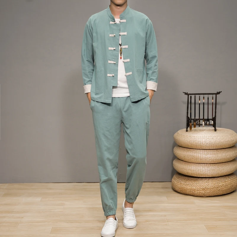 

2022 Chinese Style Linen Cotton Improved Hanfu Suit Loose Plus Size Tang Suit Zhongshan Suit Two-piece Fashion Men's Clothing