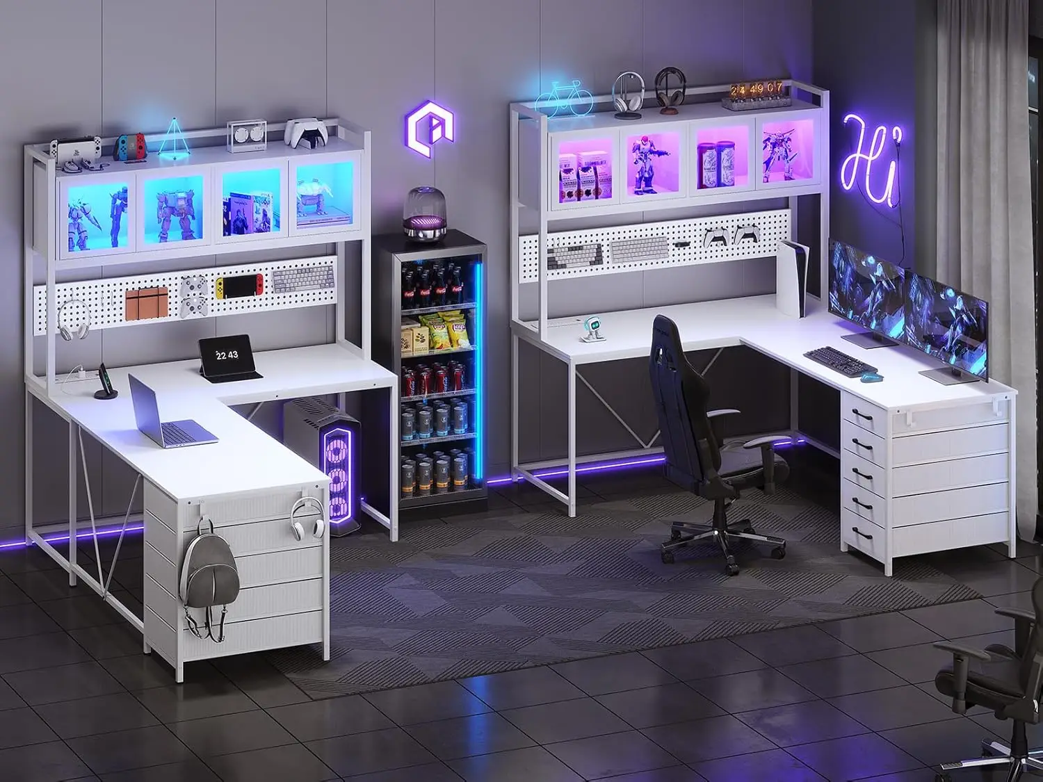 L Shaped Gaming Desk with Drawers, L Shaped Computer Desk with Hutch and Storage Shelves, Gaming Desk with Pegboard, 4