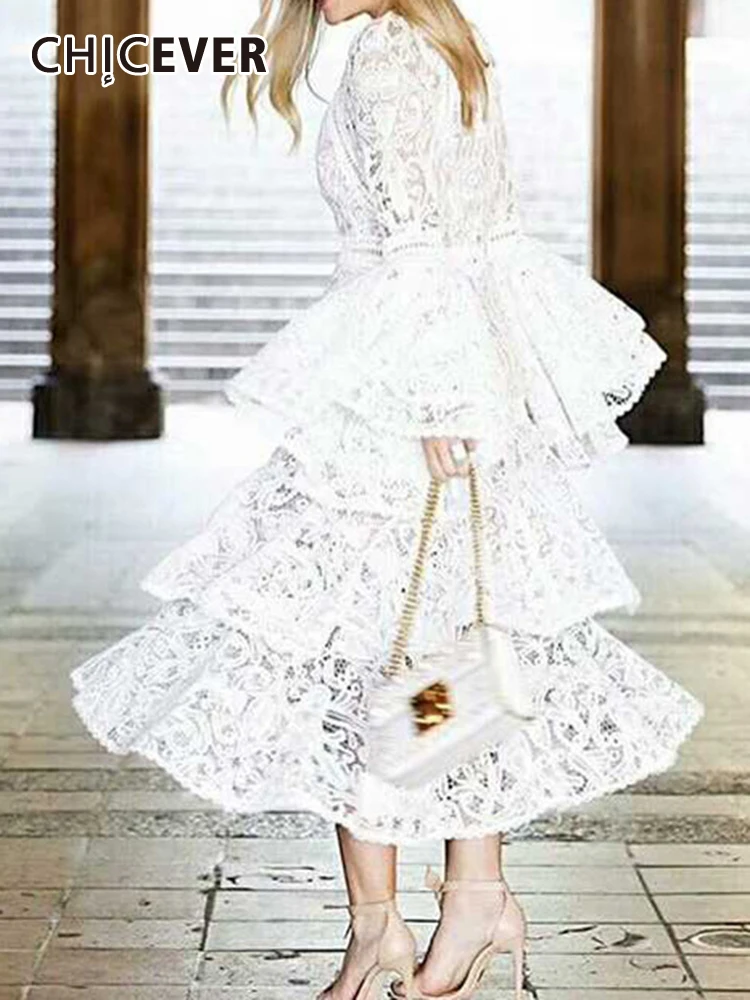 

CHICEVER Tierred Ruffles Formal Dresses For Women O Neck Flare Sleeve High Waist Solid Folds Summer Elegant Midi Dress Female