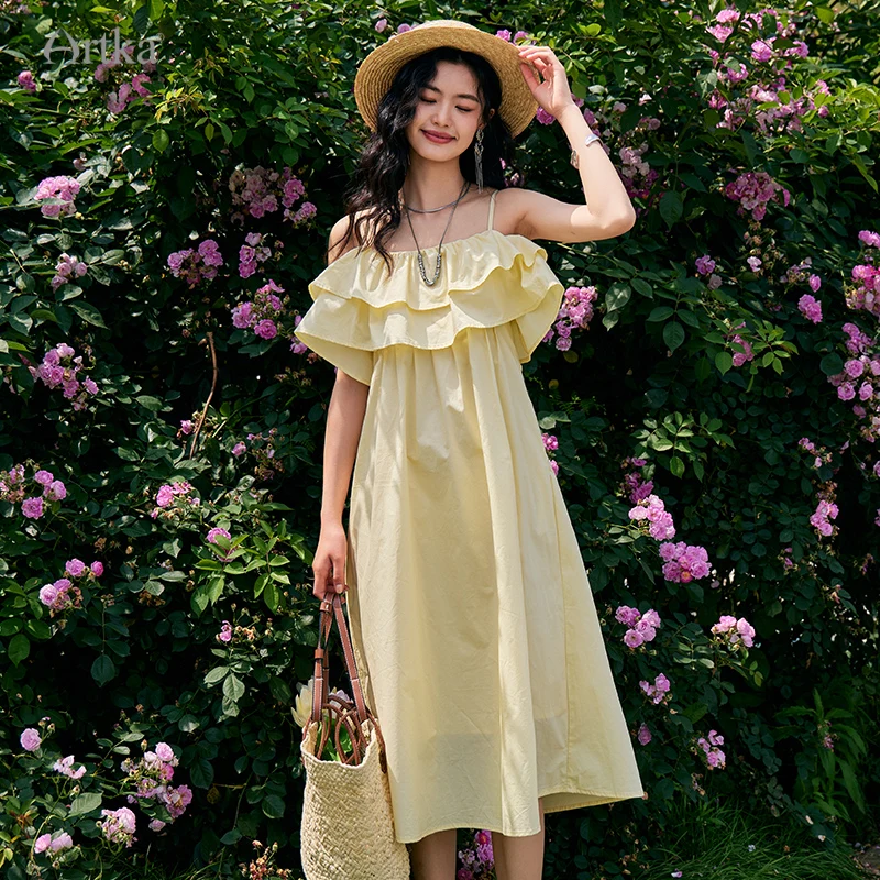 

ARTKA 2023 Summer New Women Dress French Ruffles Square Neck Sleeveless Dresses Loose Spaghetti Strap Long Dress Female LA92332X